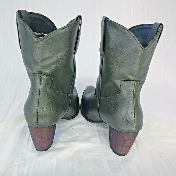 Classic Ladies Western Cowgirl Pull On Block Heel Pointed Toe Boots. Olive Green - Picture 6 of 8